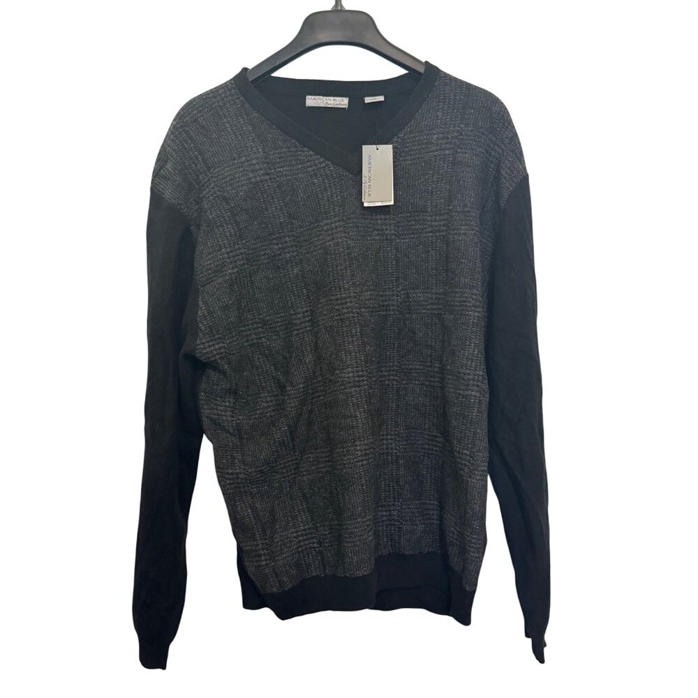 Vintage American Blue Pure Cashmere Mens Sweater L Black/Gray Soft V-Neck Long S